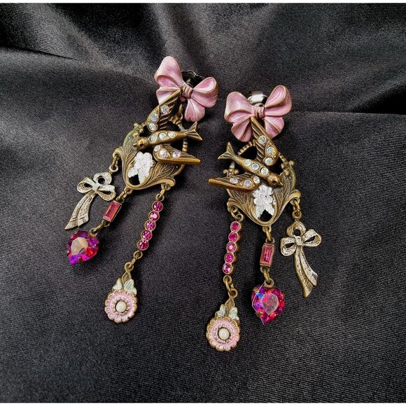 Rare Find Vintage Dove Birds Brass Rhinestones Dangle Earrings - Picture 1 of 5
